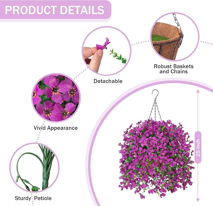 INXUGAO Artificial Hanging Flowers Plants with Basket for Outdoors, Realistic Faux Silk Daisy Flower Eucalyptus for Spring Decor, UV Resistant Fake Plants for Porch Patio Yard Balcony, Purple