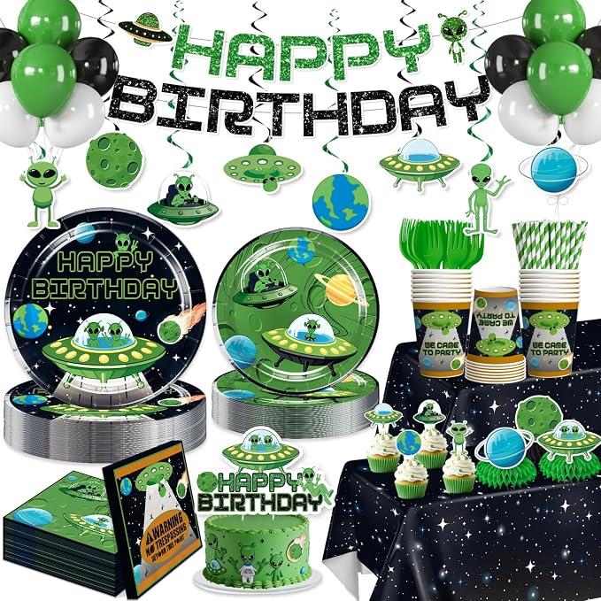 Xynic 205pcs Alien Birthday Decorations Complete Party Set, Serves 25 guests, Alien Birthday Party Decorations, Outer Space theme party supplies, includes Banner Cake Decor Plates Napkins Tablecloth