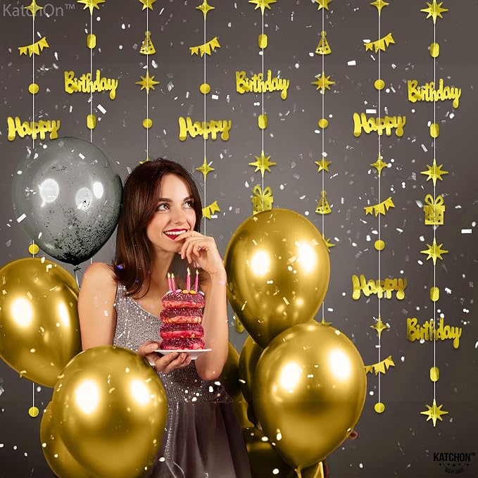 KatchOn, Gold Happy Birthday Garland Banner - 6.5 Feet, Pack of 8 No DIY | Gold Garland Birthday Decorations | Happy Bday Backdrop | Bday Decorations for Women