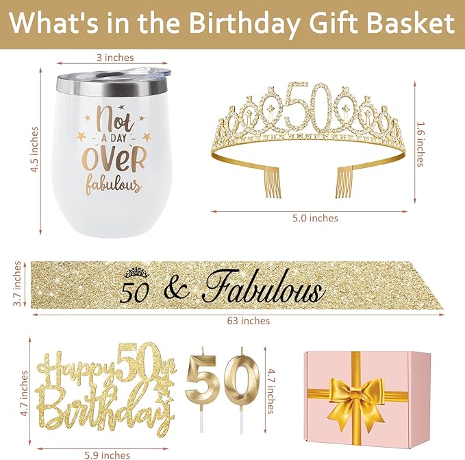 50th Birthday Gifts Women Including 12oz Tumbler/Mug for Wine or Coffee, Birthday Crown, Sash, Cake Topper and Candles, 50 Year Old Decorations Gifts Idea