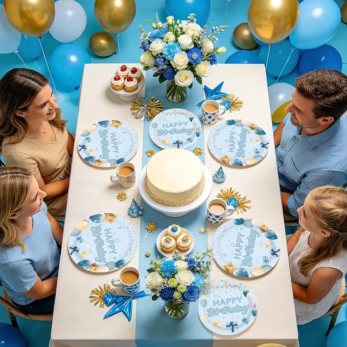 96Pcs Light Blue Birthday Decorations Preschool Graduation Blue Gold Plates and Napkins Tableware Set Happy Birthday Decorations for Boys Girls Father Baby Shower Pres-k Graduation Supplies Serves 24