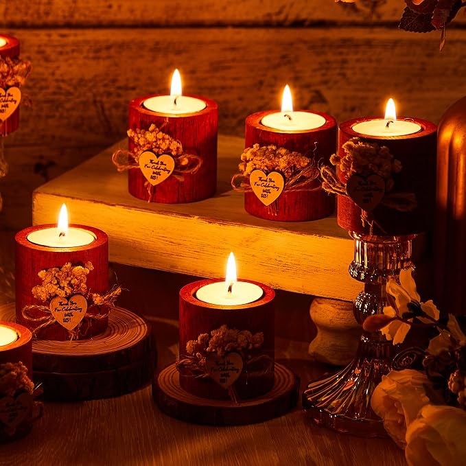 12 Pcs Rustic Wedding Party Favor Candle Holders Bridal Shower Favors Wooden Candles Favors Gifts Souvenirs for Guest Romantic Gifts Wedding Decorations (Dark Brown)