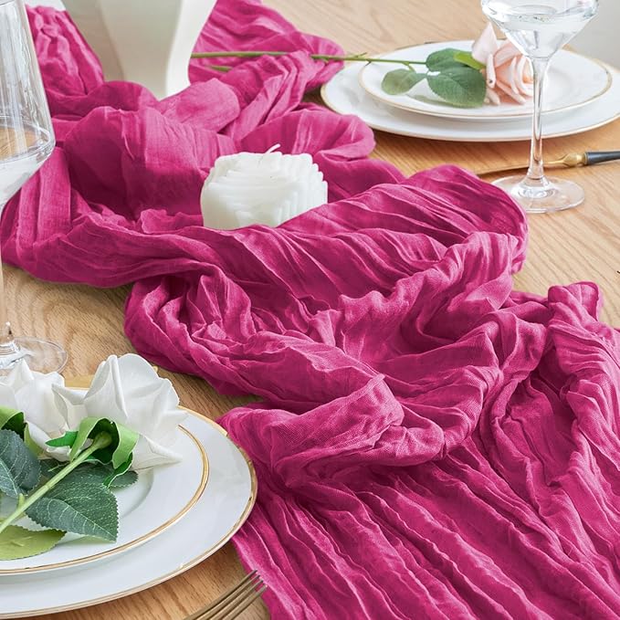 3PCS Table Runner Cheesecloth 10FT Fuchsia Boho Gauze Cheese Cloth Rustic Sheer Table Runners for Wedding Birthday Bridal Baby Shower Party Decoration
