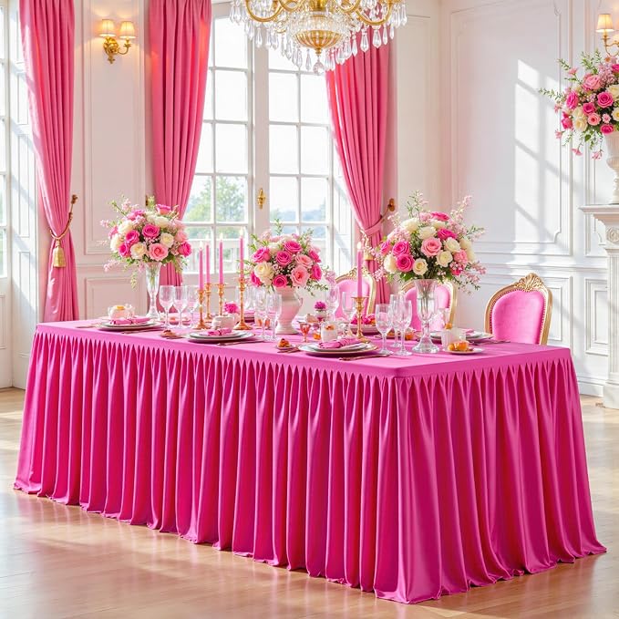 2 Packs Hot Pink Tableclothes for 8 Foot Rectangle Tables, Wrinkle Free Fitted Table Cloth 8ft Stretch Table Cover with Skirt for Parties Weddings Birthday Banquet Baby Shower