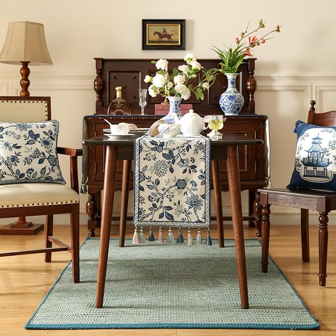 bilin gaier Blue and White Floral Linen Small Table Runner,Wrinkle-Resistant Luxury Farmhouse Decor,Decorative Vintage Runner Table Cloth for Coffee & Dining Table and Living Room,12"x63" - SuqingA