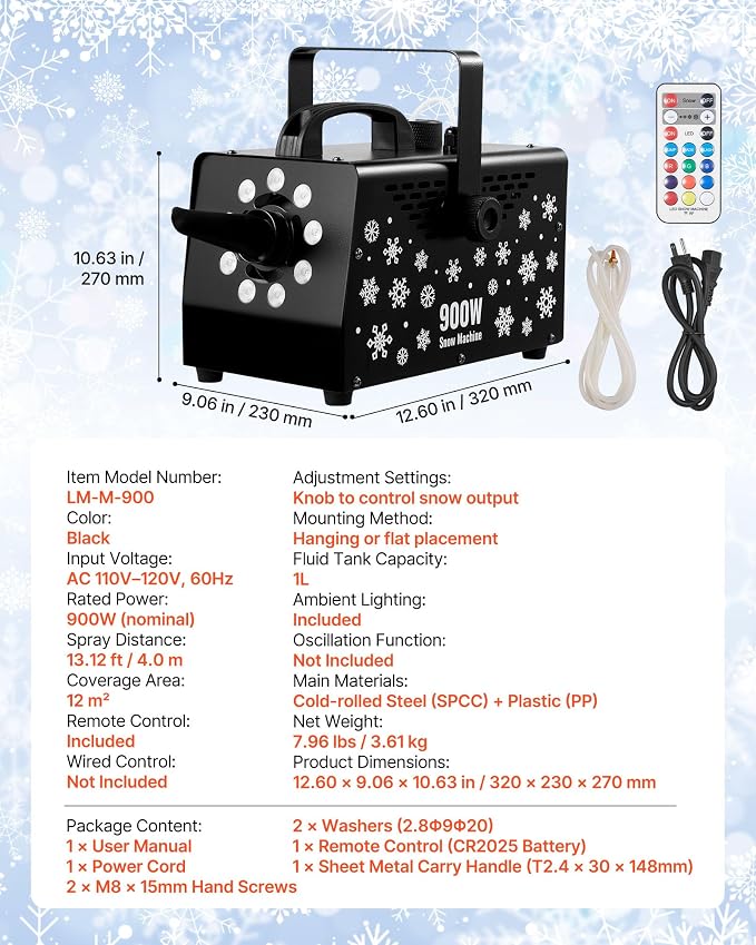 VEVOR 900W Snow Machine with 9 LED RGB Lights, 12 LED Lighting Colors, and Wireless Remote, Handheld/Hanging Outdoor Snowflake Machine Fake Snow Machines with 1L Tank for Christmas Party