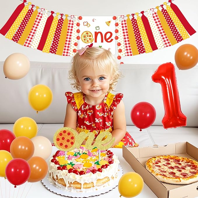Pizza 1st Birthday Party Decorations - Pizza Theme 1st Birthday High Chair Banner and Photo Banner Slice of Fun Backdrop Fast Food Pizza Cake Topper Red Yellow Balloons for Kids First Bday Supplies