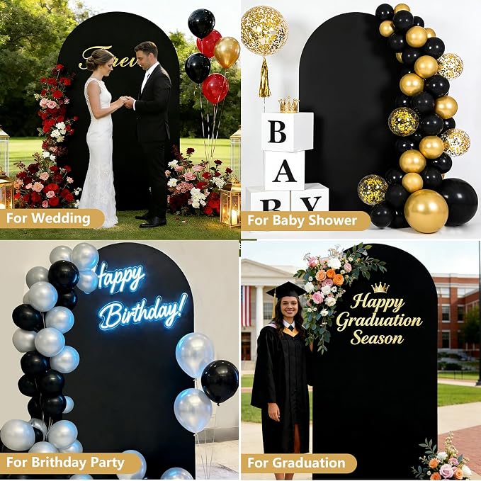 Metal Arch Backdrop Stand and Cover Set, 7.2FT Gold Wedding Backdrop Arch Frame Stand with Cover, Balloon Arch Stand with Black Arch Cover for Party Birthday Baby Shower Graduation Decorations