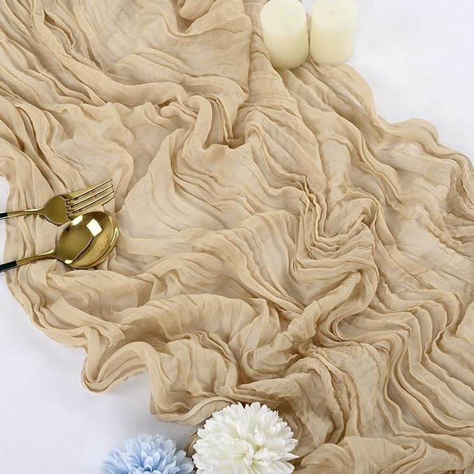 10 Pcs Beige Cheesecloth Table Runner 10FT, Gauze Table Runner for Wedding Reception Sheer Bridal Shower Birthday Party Boho Table Decoration, Rustic Romantic Wedding Runner