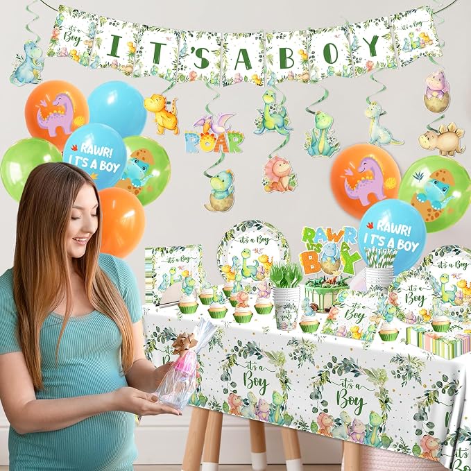 Dinosaur Baby Shower Decorations for Boy, It's a Boy Baby Shower Party Supplies Disposable Dino Plates Napkins Banner Tablecloth Cake Topper Balloon for Dinosaur Birthday Party Decorations, Serve 24
