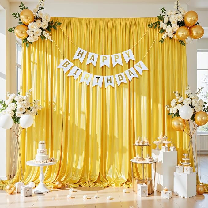 40x10ft Yellow Gold Glitter Backdrop Curtain for Parties, Wrinkle Free Satin Photo Backdrop Drapes 8 Panels 5x10FT Shimmer Back Drop Cloth for Wedding Birthday Baby Shower Photography Background Decor