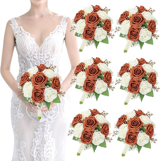 Artificial Bridesmaid Bouquets Set of 6 - Wedding Bouquet Burnt Orange Rose White Babys Breath 7 Inch Flower Bride Bouquet for Wedding Bridal Shower Centerpiece Ceremony Anniversary Fall Decorations