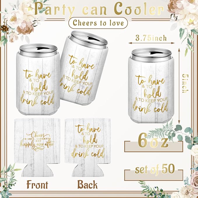Qinyoung 50 Pieces Wood Grain Wedding Can Cooler Sleeves Bulk Engagement Party Favors for Guests Cheers to Love Laughter and Happily Ever After Rehearsal Dinner Decorations for Wedding Bridal