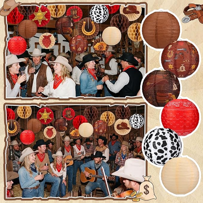 Retisee 18 Pcs Western Cowboy Party Decor Theme Hanging Paper Lanterns with Wagon Wheels Straw Hay Bales Honeycomb Ball Fans for Wild West Rodeo Birthday Wedding Supplies