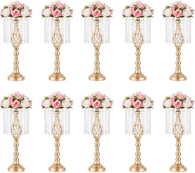Gold Vases Centerpieces for Wedding: 19.3" Tall Flower Stand with Crystal Patent for Table Center Piece Party Event Set of 10