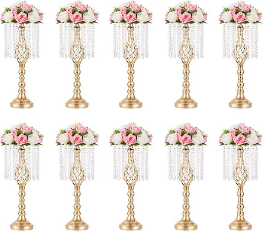 Gold Vases Centerpieces for Wedding: 19.3" Tall Flower Stand with Crystal Patent for Table Center Piece Party Event Set of 10