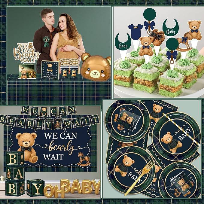 Bear Baby Shower Decorations,Tartan Plaids Bear Baby Shower Decoration Luxury Equestrian Vintage Bear Baby Shower Plates and Napkins,Balloons,Boxes,Caketoppers,Mom to Be Sash,Backdrop for Baby Shower
