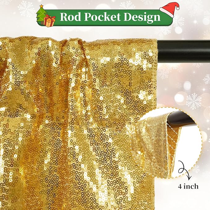 SquarePie 2 PCS 2x8ft Gold Sequin Backdrop Curtains, Satin-Backed Shimmering Photo Booth Background, 2 Panels Narrow Real Sequin Drapes with 4" Rod Pocket for Party, Baby Shower, Doorway Decor