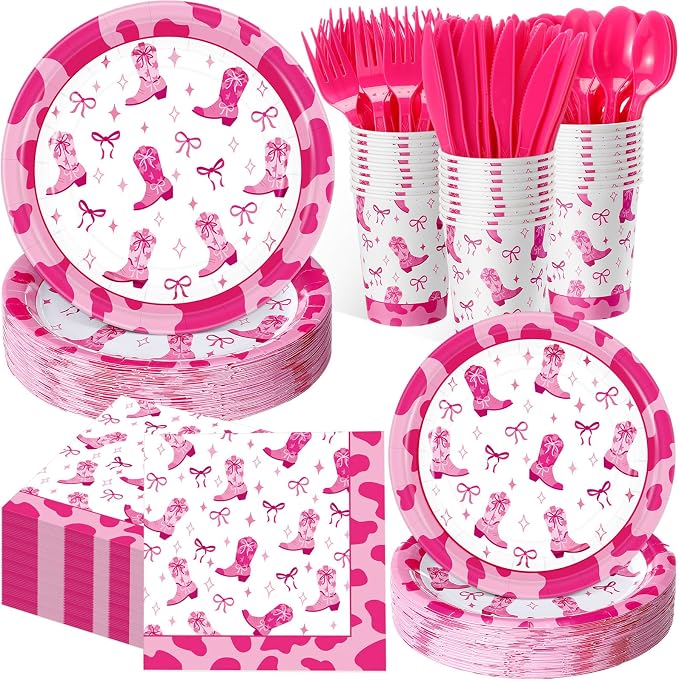 Pickmesh 400 Pcs Western Pink Cowgirl Party Plates and Napkin Decoration Disco Pink Coquette Bow Cowgirl Paper Tableware Cups Knives for Western Wedding Birthday Bachelorette Party Supplies Serve 50