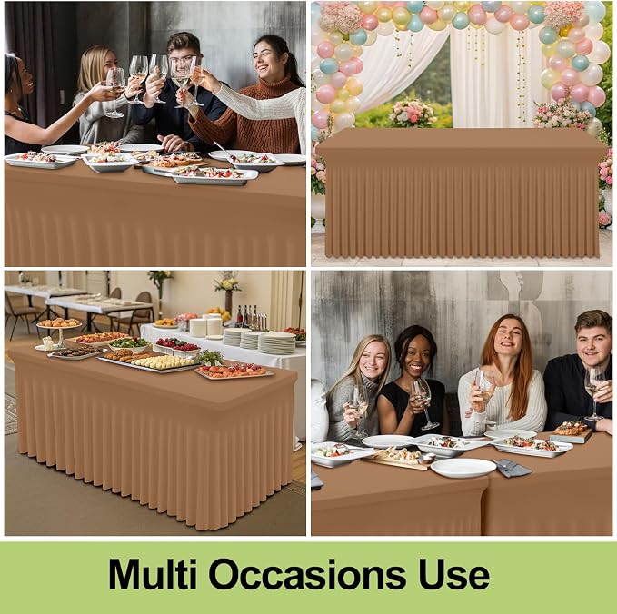Smiry Spandex Tablecloth 2 Pack, Elastic Fitted Stretch Tablecloth for 8FT Rectangle Tables, Waterproof Washable Table Cover Skirt for Outdoor, Wedding, Banquet & Parties (Khaki, 96Lx30Wx30H Inch)