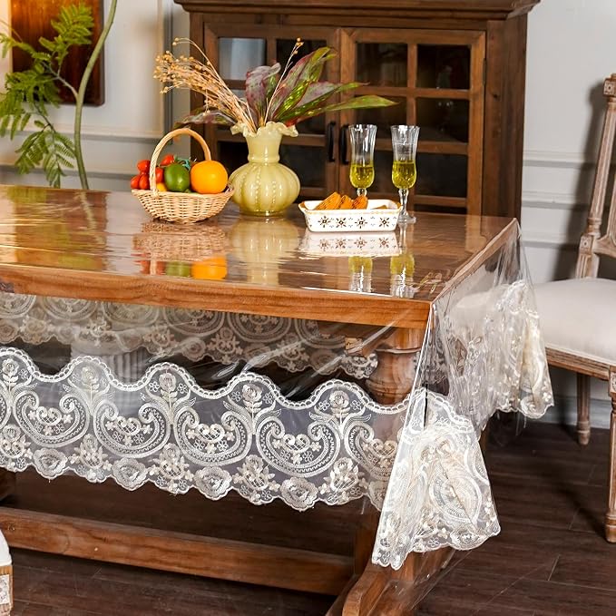 ARTABLE Vinyl PVC Rectangle Tablecloth Waterproof Clear Table Cover with Champagne Lace Macrame Border for Wedding Kitchen Home Outdoor Indoor Holidays Party Decor (Beige, 52 x 70 Inch)