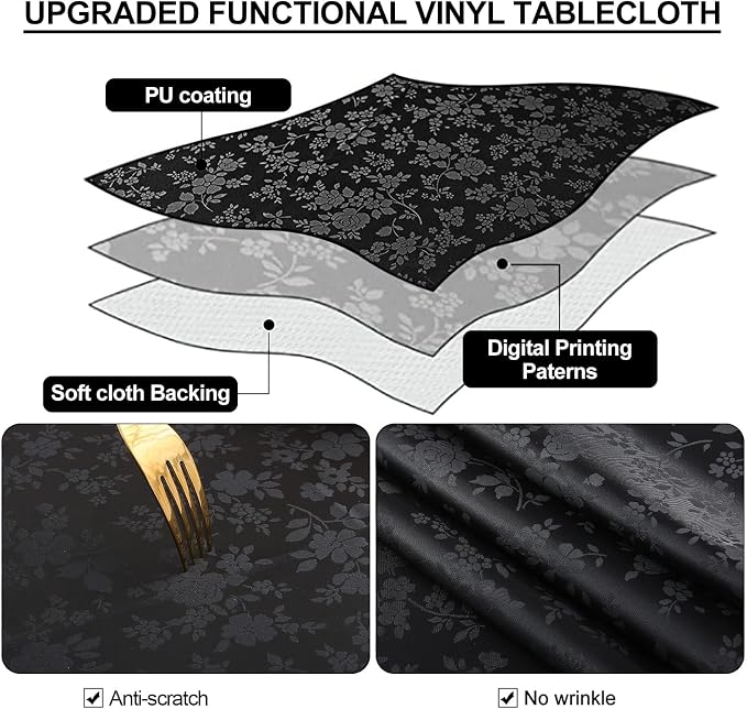 Smiry Rectangle Table Cloth, Waterproof Heavy Duty Vinyl Tablecloths, Wipeable Washable Table Cover for Kitchen and Dining Room (Black, 54" X 78")