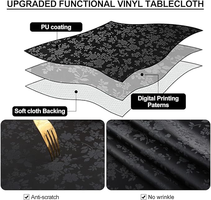 Smiry Round Table Cloth, Waterproof Heavy Duty Vinyl Tablecloths, Wipeable Washable Table Cover for Kitchen and Dining Room (Black, 70" x 70")