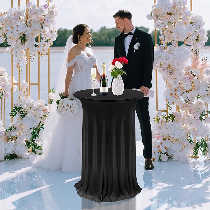 Kochorie 8 Pieces Cocktail Table Skirt Round Cocktail Table Covers 32 x 43 Inch Spandex Stretch High Top Table Cloth for Wedding Table Bar Banquet Party Supplies (Black)