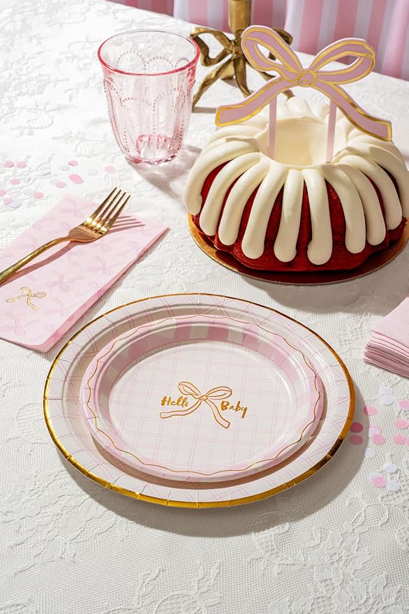 Baby Shower Celebration, Stylish Tableware Set for 8 Guests – Pink/White