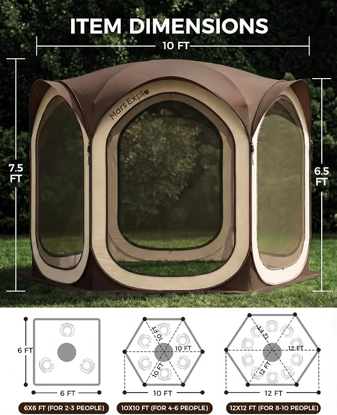 Screen Pop Up House Room Tent, Canopy Sun Shade Shelter for Patio, Backyard, Deck & Outdoor Activities, Portable Gazebo, Not Waterproof, 10'x10', Brown