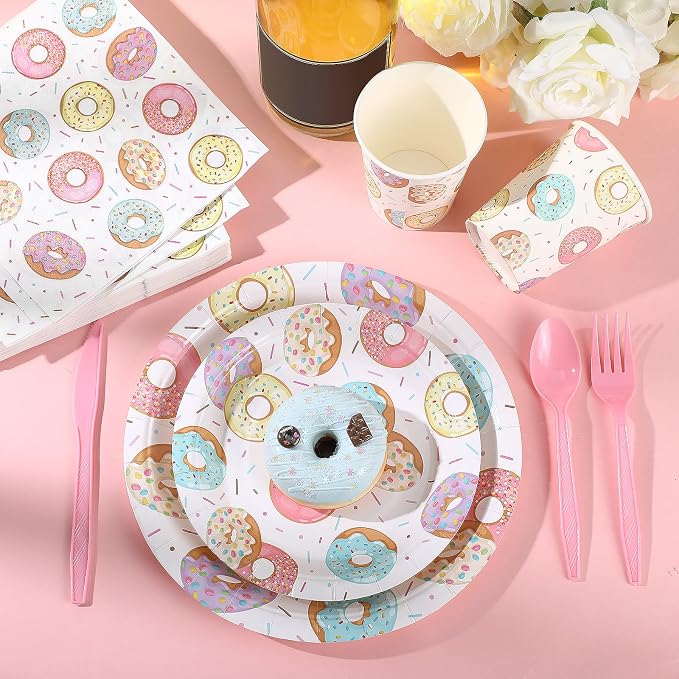 Ziliny 350 Pcs Donut Grow up Party Supplies Tableware Set Disposable 9'' 7'' Paper Plates 9 oz Cups Cutlery Napkins Dinnerware Set for 1st Birthday, Serve 50 (Donut Grow Up, Macron Color)