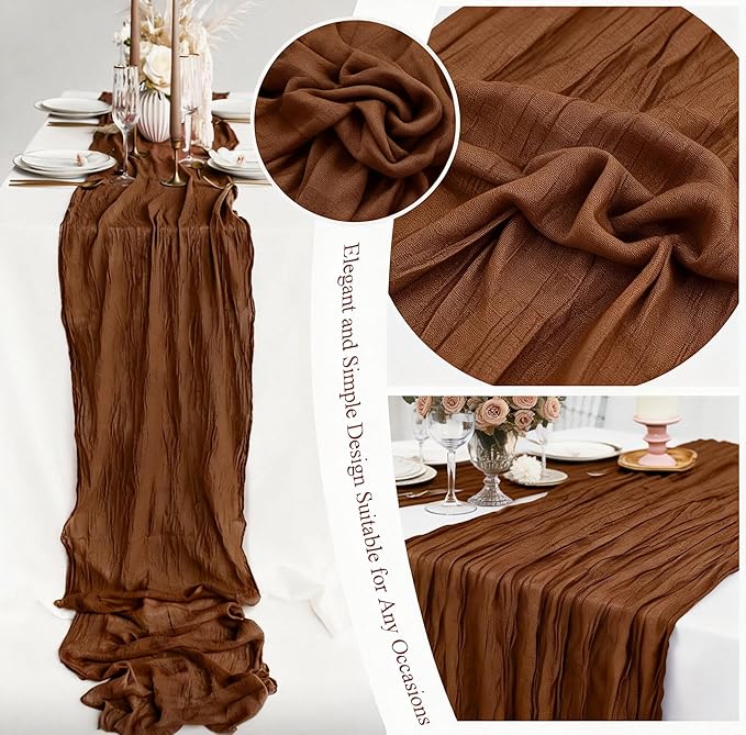 8 Packs Cheesecloth Table Runner 10FT Long Boho Gauze Fabric Table Runner Vintage Rustic Sheer Runners for Wedding Party Bridal Baby Shower Table Decorations (Brown)