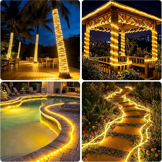 Solar Rope Lights, 2 Pack 20FT 60 LED Solar Fairy Lights with 8 Lighting Modes, IP65 Waterproof Strip Light Outdoor for Garden Yard Patio Deck Fence Tree Party Holiday Decoration, Warm White