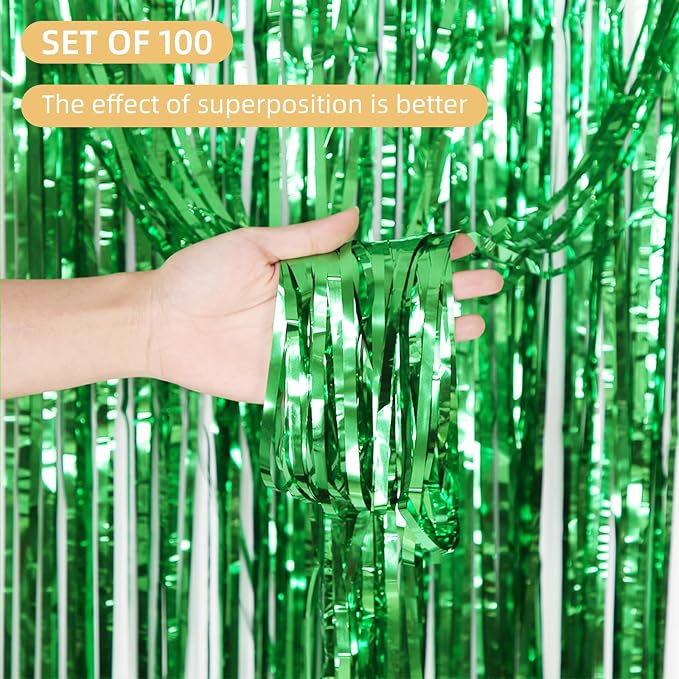 100 Pack Green Foil Fringe Backdrop Curtains 3.2ft x 8.2ft Tinsel Foil Fringe Curtains for Birthday Party Decorations Photo Booth Backdrop for Halloween Christmas New Year Holiday Decorations