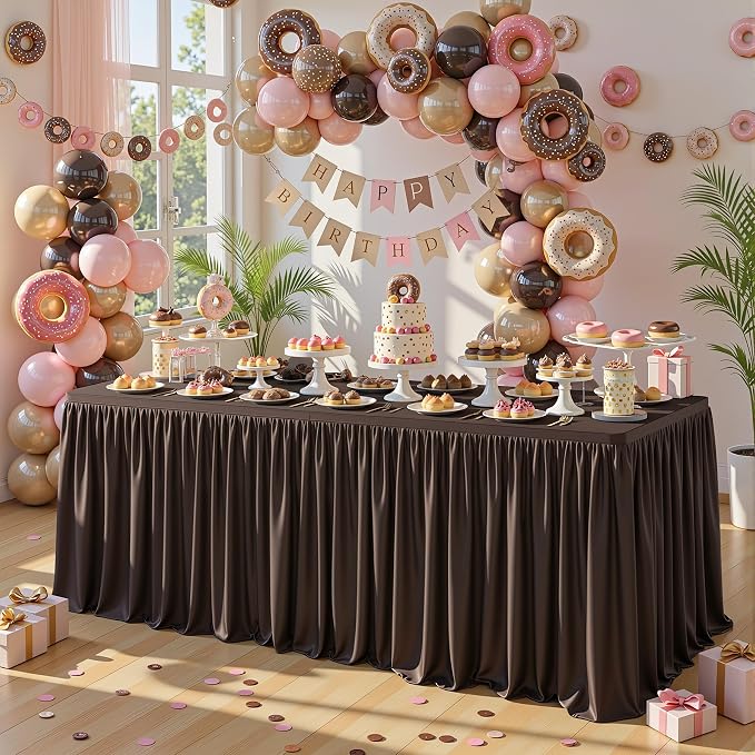 PARTISKY 6 Pack Chocolate Tablecloths for Rectangle Tables 8ft, Wrinkle Resistant Spandex Table Cover Fitted Stretch Table Cloth with Pleated Ruffle Skirts for Party Banquet Dining Birthday Wedding
