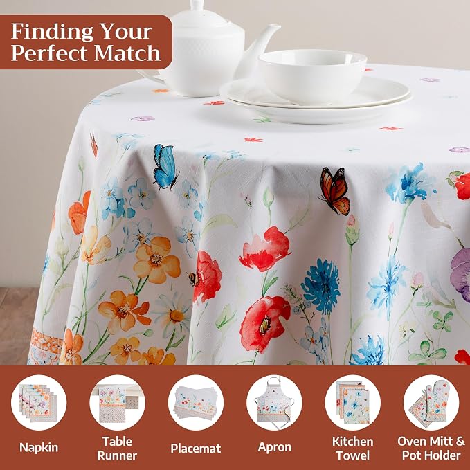 Maison d' Hermine Table Cloth Round Table 100% Cotton 63 Round Inches Tablecloth Reusable Decorative for Dining Kitchen Room Farmhouse Party Home Hotel Restaurant Spring Summer - Summer Whisper