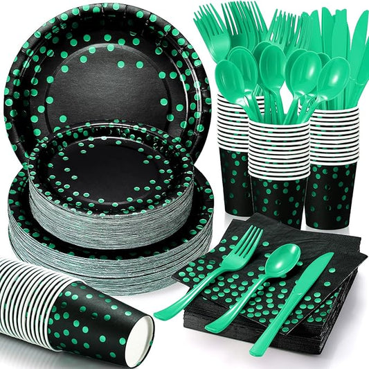Sieral 560 Pcs Green and Black Party Plates for 80 Guests Disposable Tableware Green Black Paper Plates Napkins Cups Plastic Forks Knives Spoons for Birthday Graduation Retirement Dinner Decorations