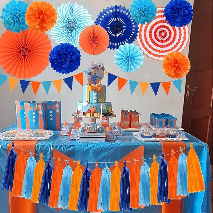 Blue and Orange Party Decorations Set Kids Birthday Paper Fan Tissue Pom Poms Streamers Theme Party Supplies Tassel Garland Banner Blue Orange Party Supplies