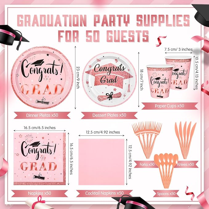 Domensi 400 Pcs 2026 Graduation Decorations Plates and Napkins and Cups Set Serve 50, Pink and Gold Graduation Party Supplies, Class of 2026 Paper Tableware 9oz Cup Knife Fork Spoon Congrats Grad