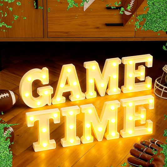 Aurelema 8 Pcs Football Game Time Large LED Letter Sign LED Lights Battery Powered Game Time Table Decorations for Football Theme Party Decoration