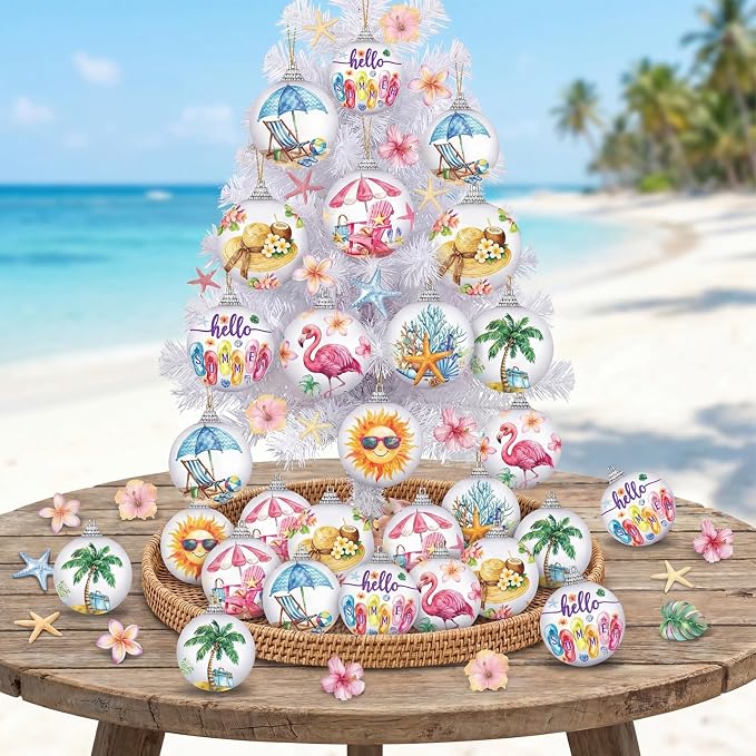 Outus 16 Pcs Summer Tree Ornaments Mini Summer Christmas Decorations for Tree Beach Flamingo Hanging Ornaments Tropical Party Decor for Farmhouse Home Fireplace Luau Holiday Decorative Supplies