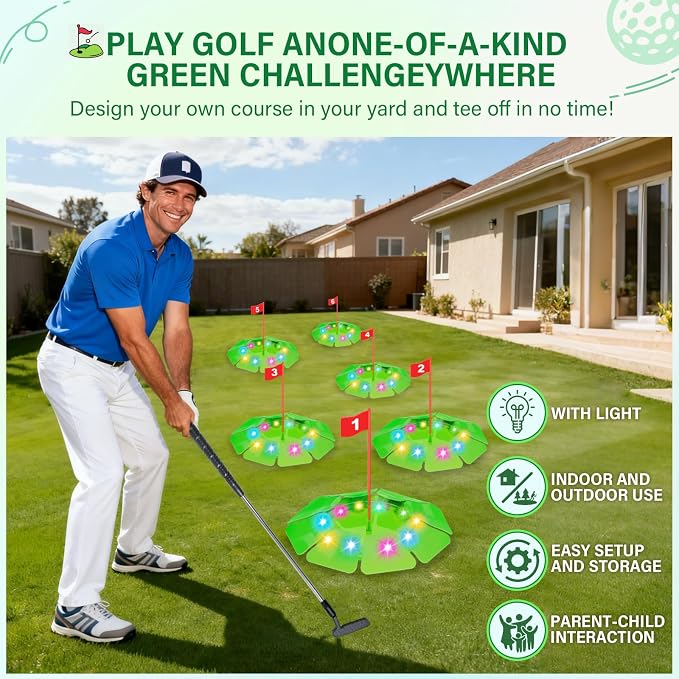 TERRAMUS Light Up Golf Play Set - Upgraded Kids Toy Golf Putting Game Set with 6 LED Targets, 2 Clubs, 6 Balls (2 Glow), Night Golf Toys Gifts for Kids Golfers Family Indoor Outdoor Beach Lawn Park