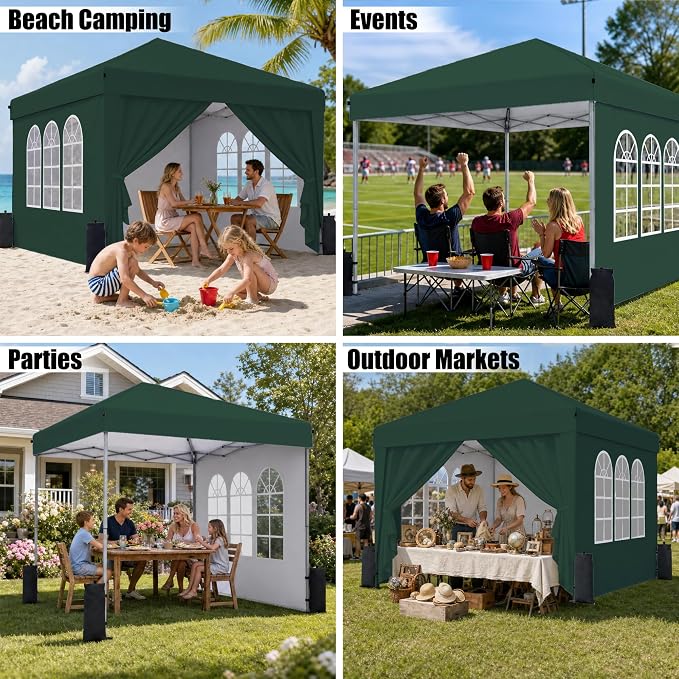 SANWAY 10x10 Pop Up Canopy with Sidewalls, Easy Setup Instant Canopy Tent, Portable with Carry Bag for Outdoor Events, Camping, and Backyard Parties – Dark Green