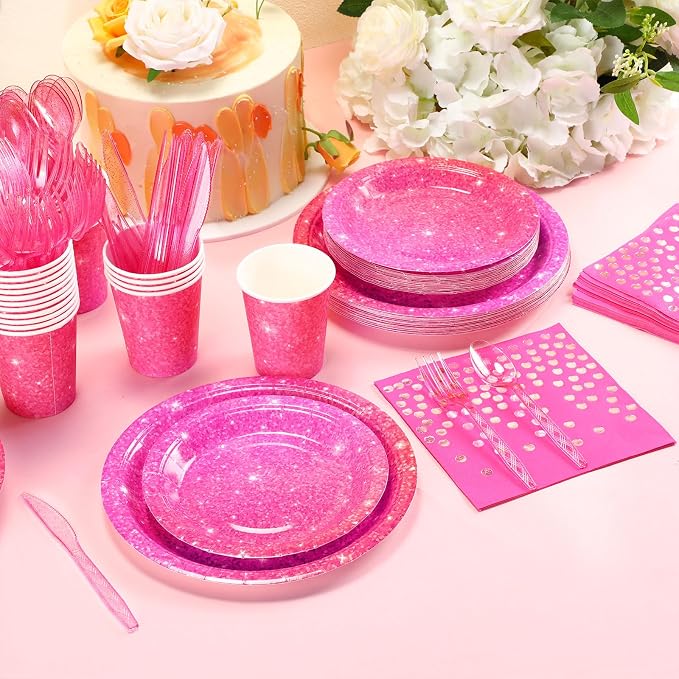 Hushee 175 Pcs 25 Guests Hot Pink Paper Party Plates and Cups Napkins Sets Holographic Glitter Disposable Dinnerware Plastic Forks Knives Spoons Birthday Bachelorette Wedding Party Supplies