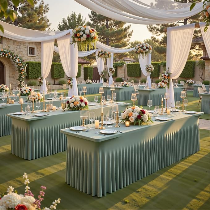4 Pack Sage Green Spandex Fitted Tablecloths for 6 Foot Rectangle Tables, Sage Green Stretch Table Cloth with Table Skirt, Wrinkle Free Spandex Table Covers 6ft for Parties, Weddings, Trade Shows