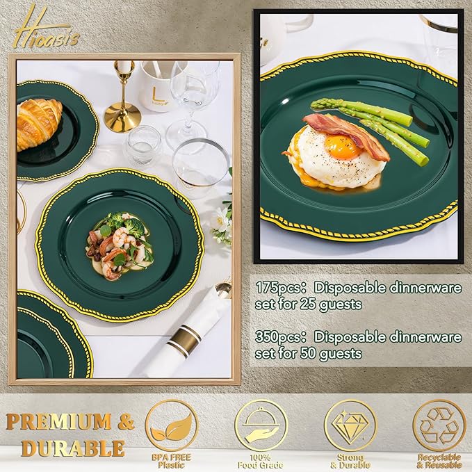 Hioasis 350pcs Green Gold Plastic Plates - Gold Plastic Dinnerware Set Includes 50 Dinner Plates, 50 Dessert Plates, 50 Gold Utensils, 50 Napkins Perfect for Wedding