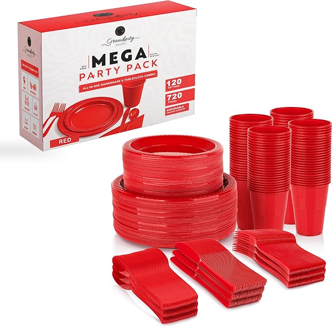 720 Piece Red Disposable Dinnerware Set (120 Guests) Plastic Dinnerware Set Disposable - 120 Count, 9" Dinner Plates, 7" Dessert Plates, 12oz Cups, Forks, Knives & Spoons- Plastic Party Plates Set