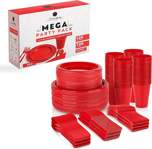720 Piece Red Disposable Dinnerware Set (120 Guests) Plastic Dinnerware Set Disposable - 120 Count, 9" Dinner Plates, 7" Dessert Plates, 12oz Cups, Forks, Knives & Spoons- Plastic Party Plates Set