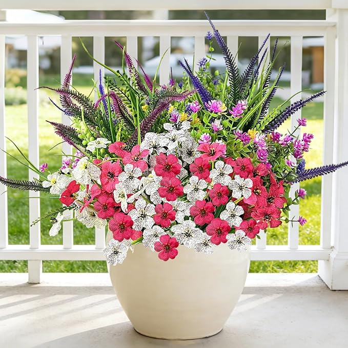 Artificial Flowers for Outdoor,18 Bundles UV Resistant Fake Plants for Outside Window Box Porch & Hanging Planters-Realistic Plastic Faux Flowers for Garden Patio Wedding Decor (Magenta,Purple,Red)