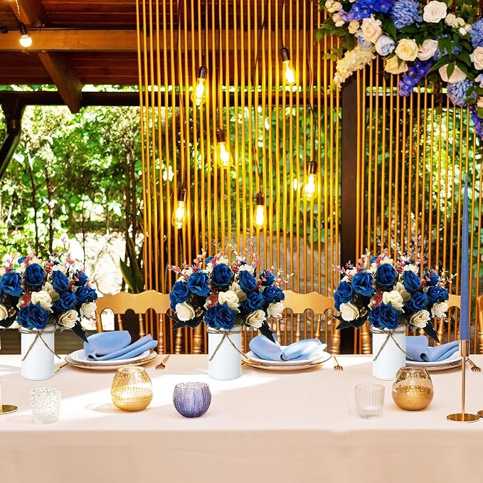 Domensi 12 Sets Wedding Centerpiece for Table Artificial Rose with Vase Fake Bouquets and Metal Pot Flower Arrangements for Bridal Shower Birthday Party Event Table Decor (Dark Blue)